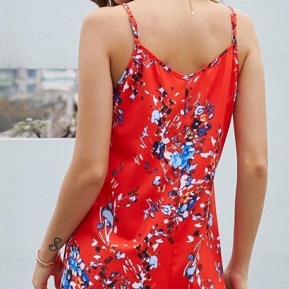 NWT Orangish Red Floral Pattern Buttoned Slip Cami Dress - Picture 3 of 4